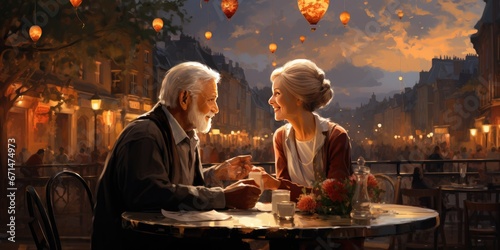 illustration of a happy elderly couple sitting in a restaurant. Generative AI