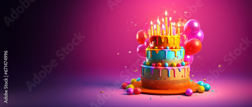 bright birthday cake with candles, panoramic layout. Generative Ai