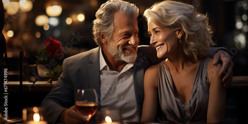 happy elderly couple in love having dinner in restaurant. Generative AI