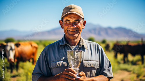 Argentinian beef farmer holds quality meat trophy amid grazing cattle.