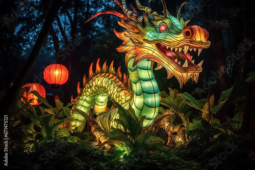 illuminated Chinese Dragon, Happy New year background. Generative Ai © Alexandra
