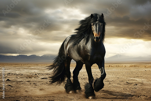 Black stallion runs through the dust in nature