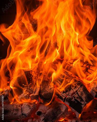 暖炉でオレンジ色に燃えている薪