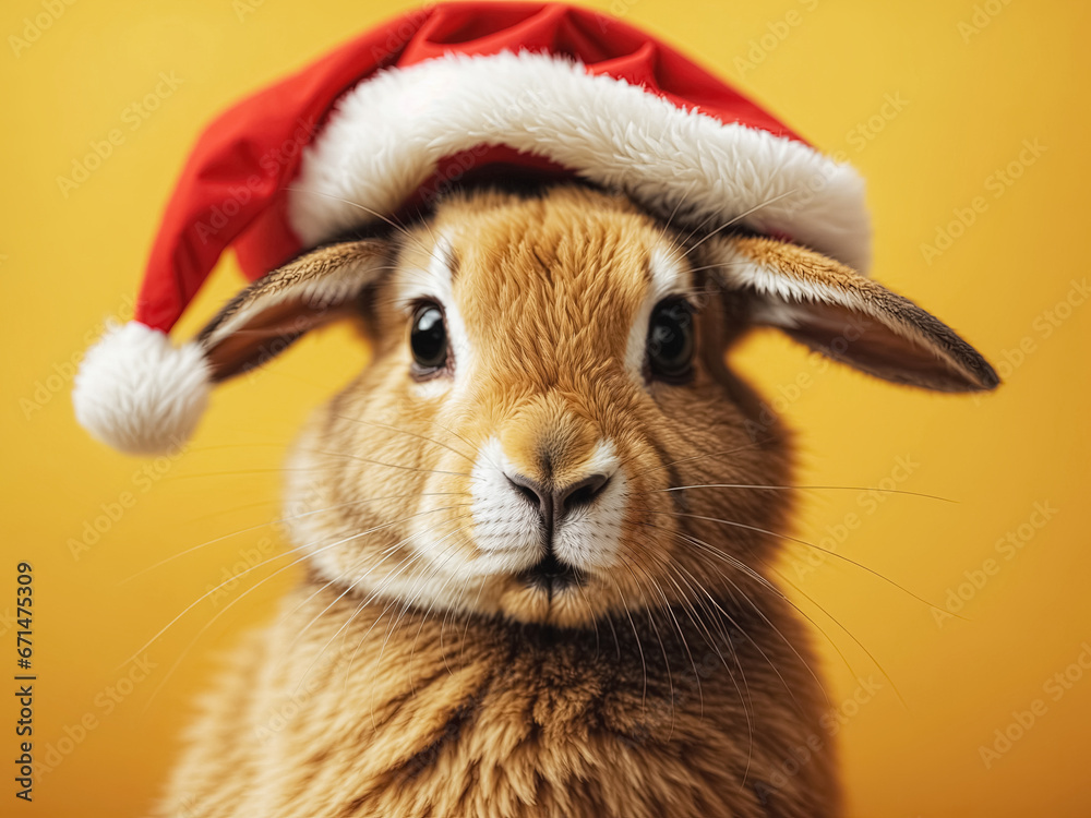 rabbit in a Christmas hat, Merry Christmas greeting card. Generative Ai
