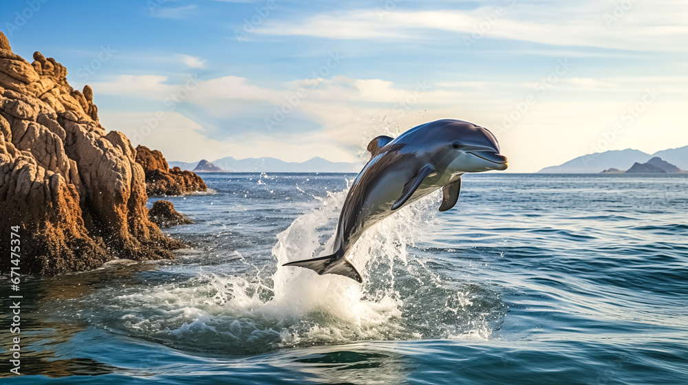 Obraz premium Dolphins jumping out of the water on a sunny day. 3d rendering. 