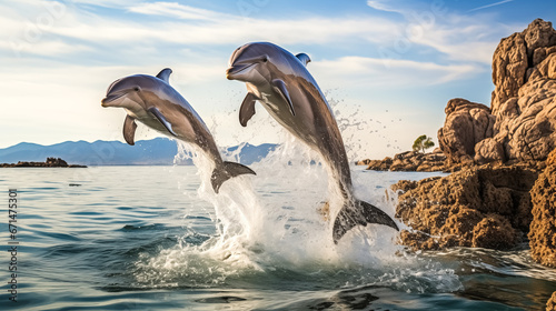 Dolphins jumping out of the water on a sunny day. 3d rendering.  © korkut82