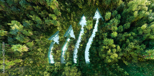 A lake in the shape of a rising graph in the middle of untouched nature symbolizing the growing interest in ecology and nature conservation. 3d rendering.