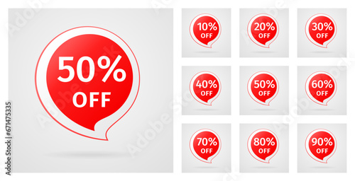 Sale Discount Banner. Set of Discounts from 10 to 90 percent. Discount label in the form of the speech bubble with percentage number. Sale Season. Big Mega Sale Bonus. Vector graphics