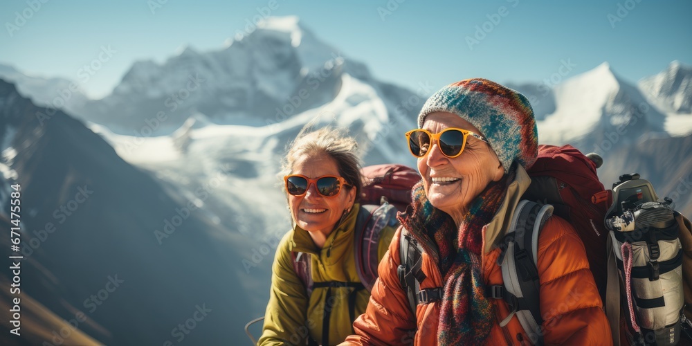 Two women, 50 years old, are traveling trekking in the mountains Two women, 50 years old, are traveling trekking in the mountains
