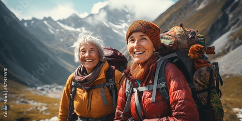 Mom and daughter are travelers. hiking in the mountains. Generative AI