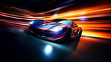 Modern futuristic sports car in fast motion with blurred traffic lights at night