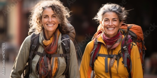 Two happy women travelers. Healthy lifestyle. Generative AI