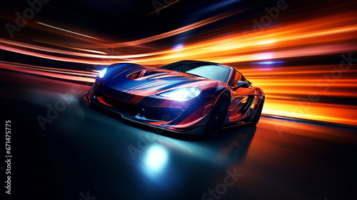 Modern futuristic  sports car in fast motion with blurred traffic lights at night