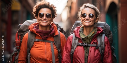 Two happy women travelers. Healthy lifestyle. Generative AI