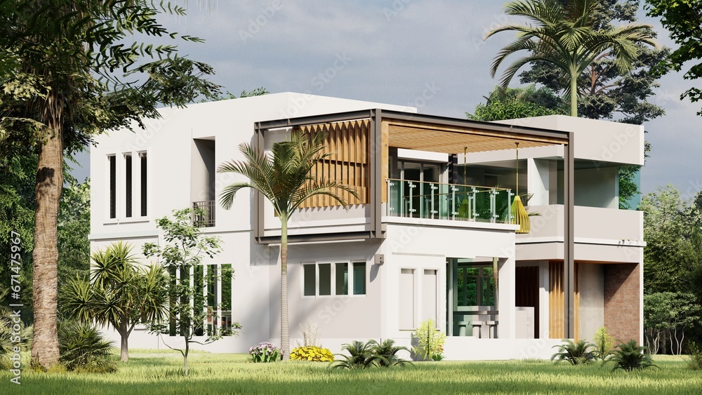 3D model villa with swimming pool and interior decoration with living room. 3 story house and outside garden, modern style, beach house, mansion.