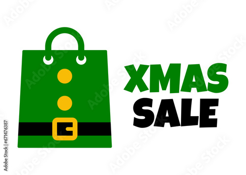 Tiempo de Navidad. Logo con palabra Xmas Sale con silueta de bolsa de la compra con traje de elfo de Santa Claus