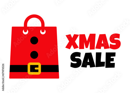 Tiempo de Navidad. Logo con palabra Xmas Sale con silueta de bolsa de la compra con traje de Santa Claus
