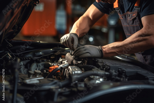 A mechanic in a workshop diagnoses and repairs the engine and car systems. Car repair and diagnostics in the garage. Modern car service. Brutal worker mechanic.