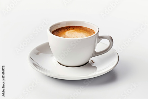 Photo of a steaming cup of freshly brewed coffee on a delicate saucer