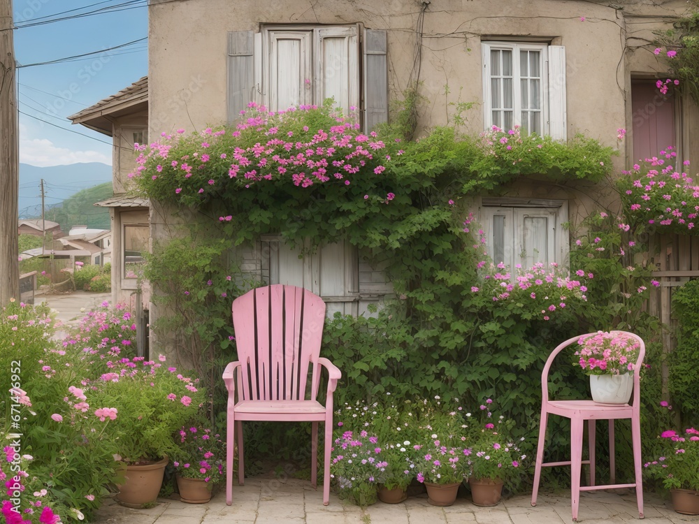 Pink chairs with flowers. Generative Ai