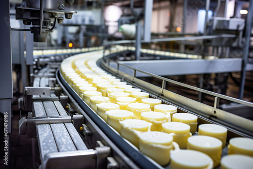 Photo of a conveyor belt filled with various types of cheese. Industrial cheese production plant. Modern technologies. Production of different types of cheese at the factory.