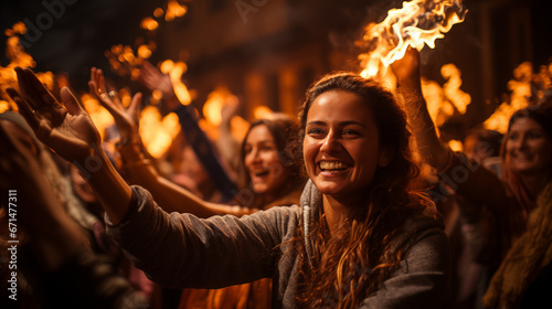 A vibrant bonfire celebration during Lohri with people dancing and celebrating the harvest