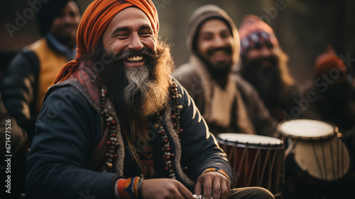 A turbaned musician playing a dhol, a traditional Punjabi drum, during Lohri