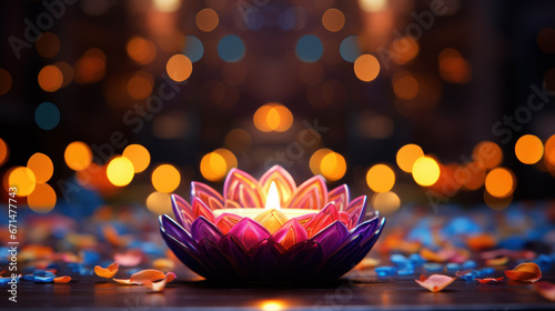 Happy Diwali festival concepts with diya oil lamp and floral mandala on blurred bokeh background. Indian, colorful traditional festival of lights celebration. Generative AI