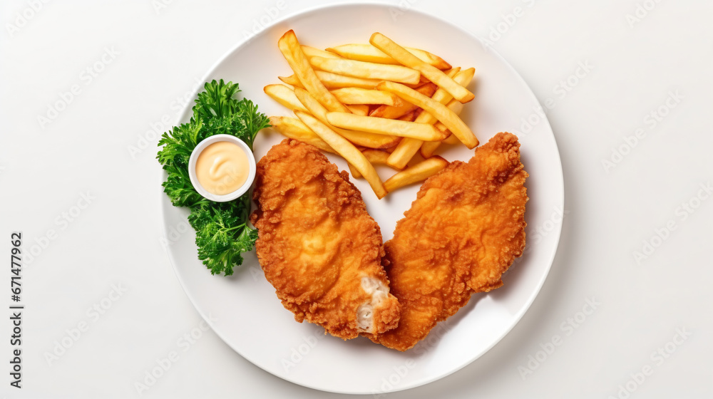 Plate of chicken schnitzel with French fries.