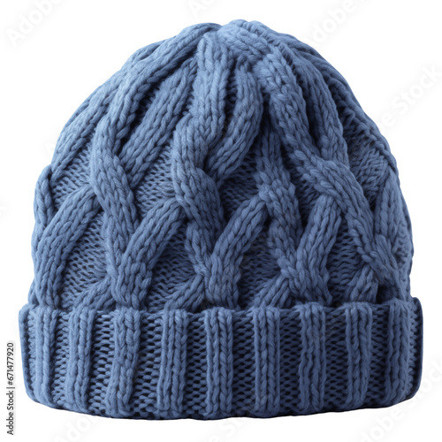 Blue chunky knit hat. Isolated on a transparent background.
