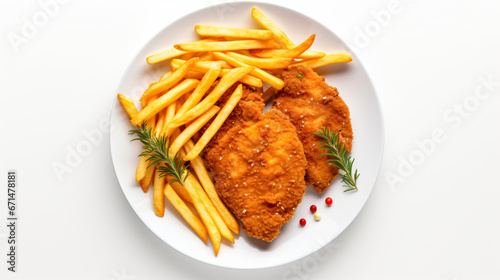 Plate of chicken schnitzel with French fries.