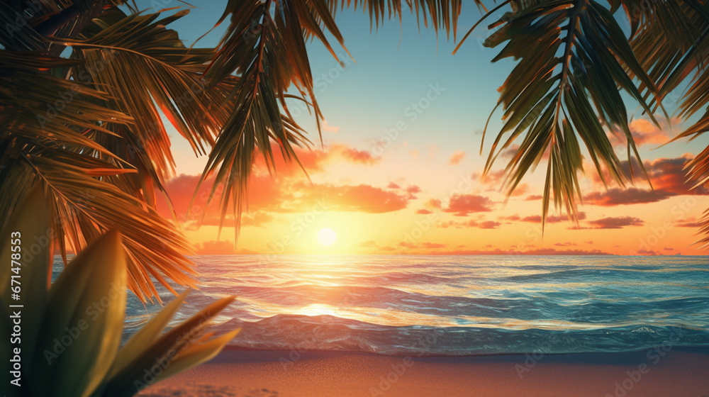 A digital painting of the sunset on a beach