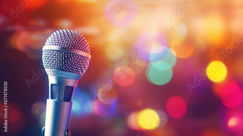 Microphone close-up. Karaoke, night club, bar. Music concert. Song, music concept, wide background