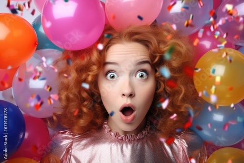 surprised curly-haired girl on solid bright background with colorful balloons. © dashtik