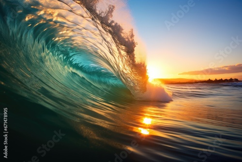 Transparent swirl of turquoise ocean wave on sunset. © dashtik
