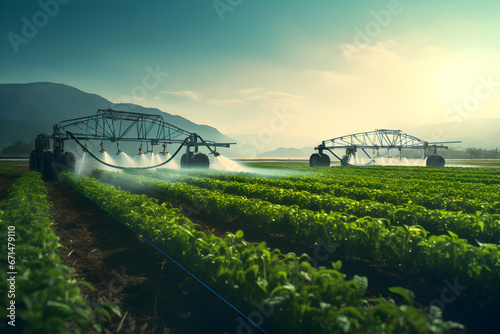 Two farm sprinklers nourish a lush field . Ideal for stock photos showcasing agriculture, irrigation, sustainability, and the environmental impact of water usage in farming