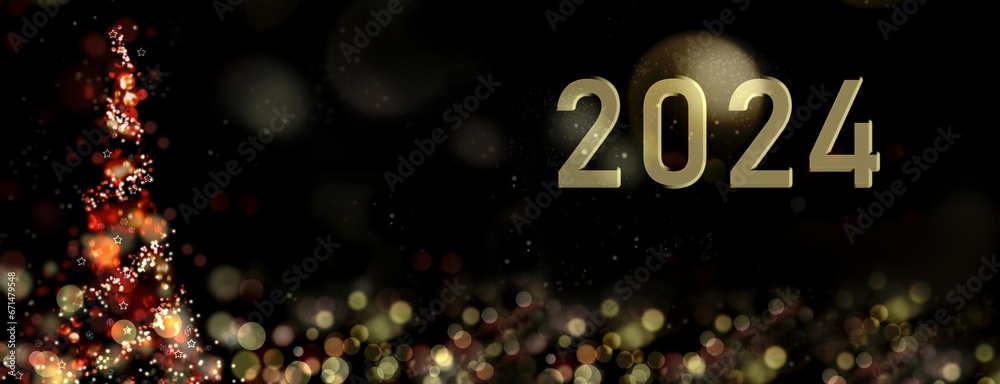 2024 writting on abstract night next to a christmas tree in panoramic size - new year concept 2024 writting on abstract night next to a christmas tree in panoramic size - new year concept