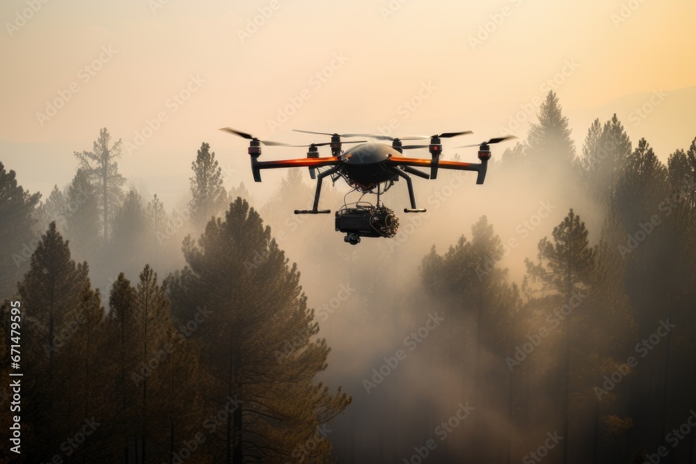 Air firefighting with drone of wildfire in forest.