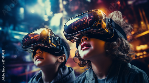  two kids in a virtual reality headsets . against the background of a virtual screen. colored neon light. copy space