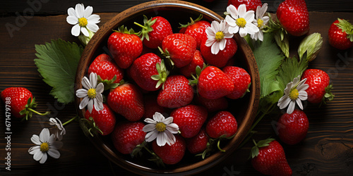 Strawberry banner. Bowl full of strawberries. Close-up food photography background