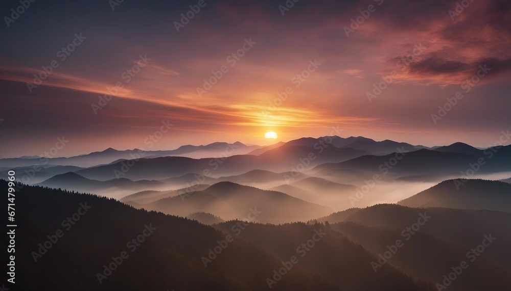 view of misty mountain layers and sunset from a high hill
