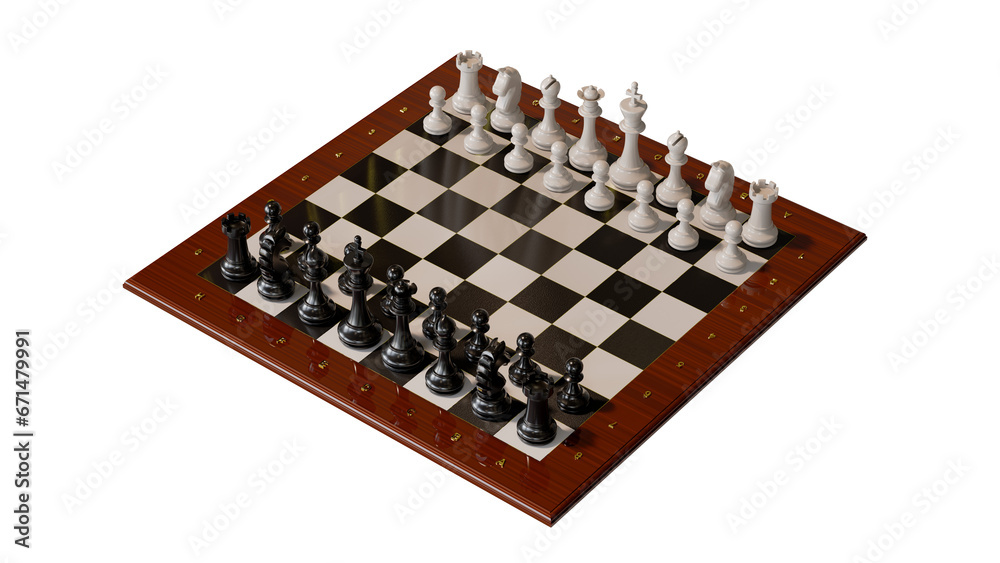 Chess pieces on the board in the starting position. Isolated. Transparent background. 3D Rendering Chess pieces on the board in the starting position. Isolated. Transparent background. 3D Rendering