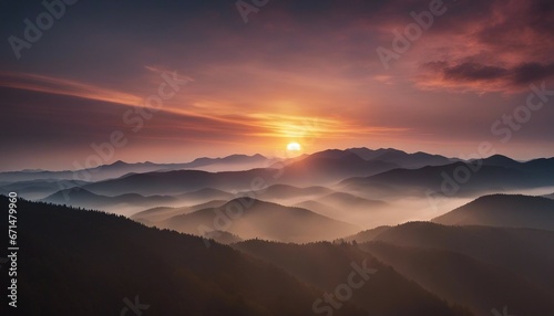 view of misty mountain layers and sunset from a high hill © abu