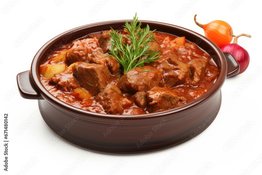 Dish of meat stew with tomato sauce on white background