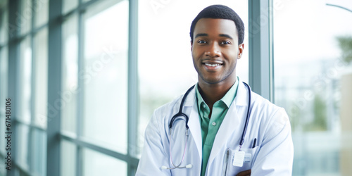 Young African male doctor standing by a radiant hospital window.