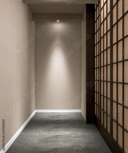 Narrow hallway corridor with beige wall  brown wooden shoji sliding door  black granite floor and recessed light for interior design decoration  product background 3D