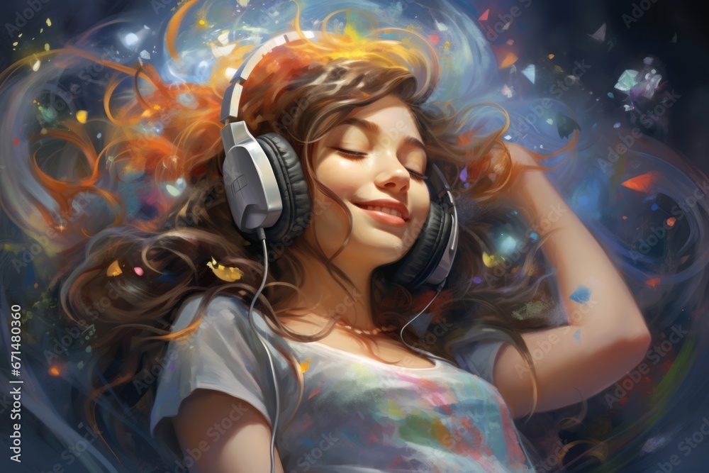 Photo of a beautiful young girl wearing headphones, listening to pleasant, modern music, close-up