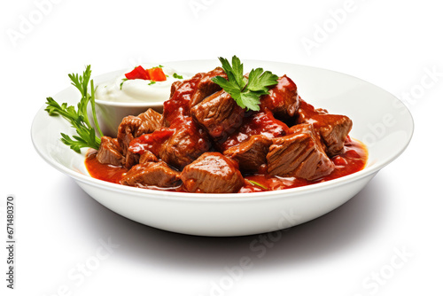 Dish of meat stew with tomato sauce on white background