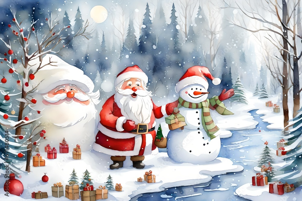 A whimsical watercolor composition of Santa Claus and a friendly snowman exchanging gifts in a snow-covered woodland.