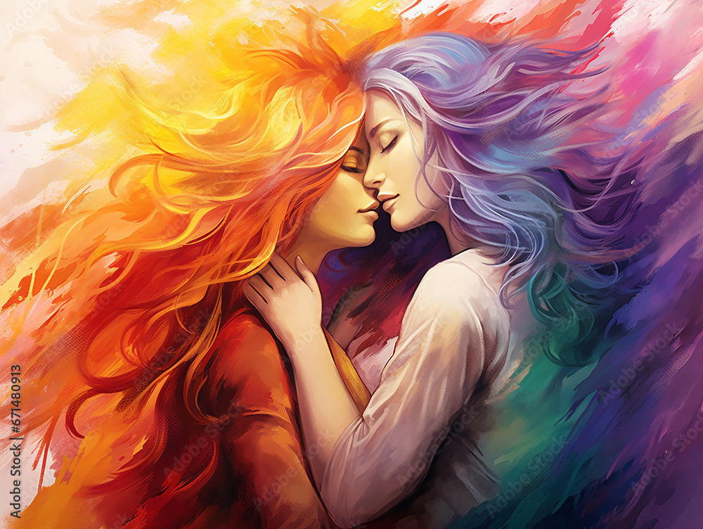 Two beautiful girls in love with long hair, hugging each other, against the background of a multicolored rainbow Two beautiful girls in love with long hair, hugging each other, against the background of a multicolored rainbow